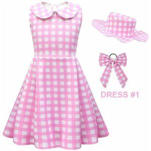 NWT Adorable Barbie Costume Movie Pink Gingham Plaid Girls Dresses +Gift